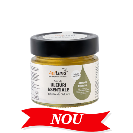 Miere de salcâm cu Mix de Uleiuri Esențiale (mentă, lămâie, ghimbir, lavandă, fenicul, anason stelat) - pentru digestie, 250 g