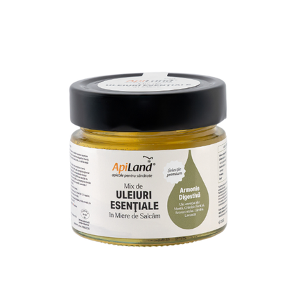 Miere de salcâm cu Mix de Uleiuri Esențiale (mentă, lămâie, ghimbir, lavandă, fenicul, anason stelat) - pentru digestie, 250 g