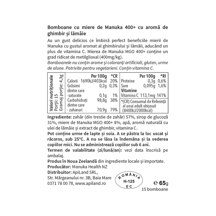 BOMBOANE CU MIERE DE MANUKA MGO™ 400+, GHIMBIR ȘI LĂMÂIE - 65g 3