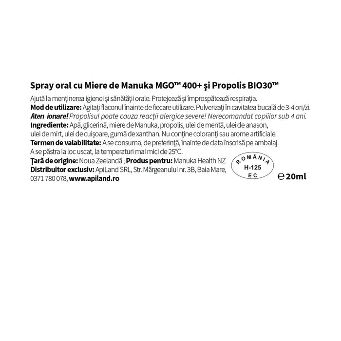 Spray oral cu Miere de Manuka MGO™ 400+, Propolis lichid BIO30 - 20ml 2