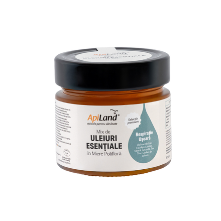 Miere Polifloră cu Mix de Uleiuri Esențiale (eucalipt, lămâie, mentă, lavandă, tea tree, cimbrișor) - pentru respirație, 250 g